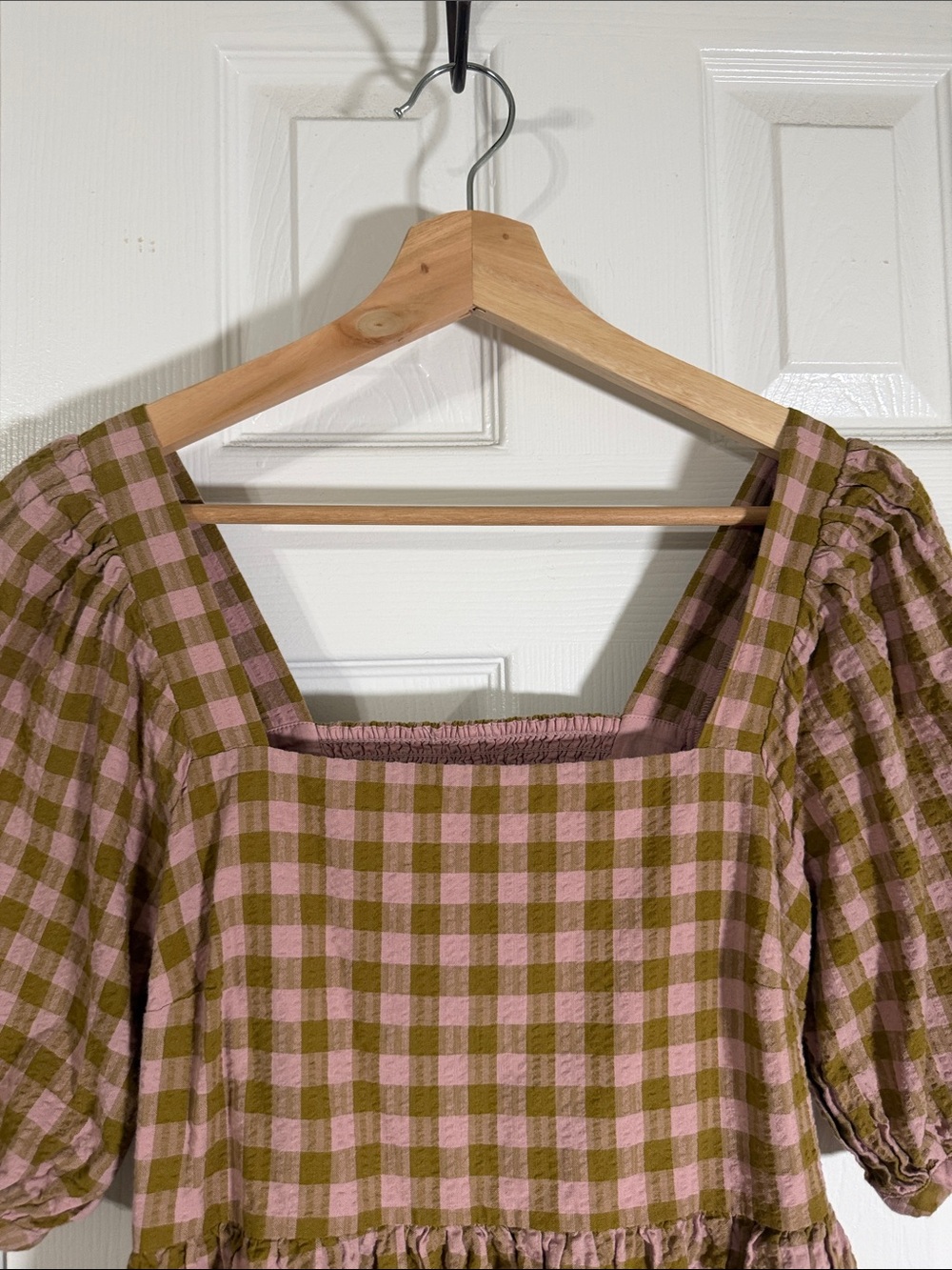 Madewell Pink & Olive Gingham Puff Sleeve Cotton Mini Dress Pockets - Picture 2 of 7
